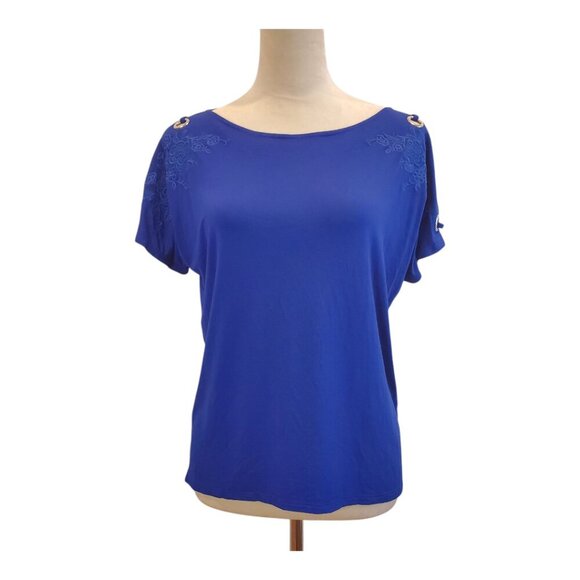 CABLE & GAUGE SZ M Cobalt Blue Grommet Sleeve Embroidered Boat Neck Top Shirt - Picture 1 of 6